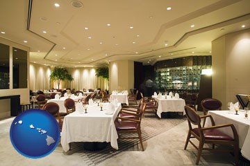 the interior of a fine dining restaurant - with Hawaii icon