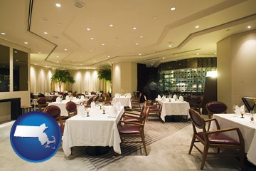 the interior of a fine dining restaurant - with Massachusetts icon